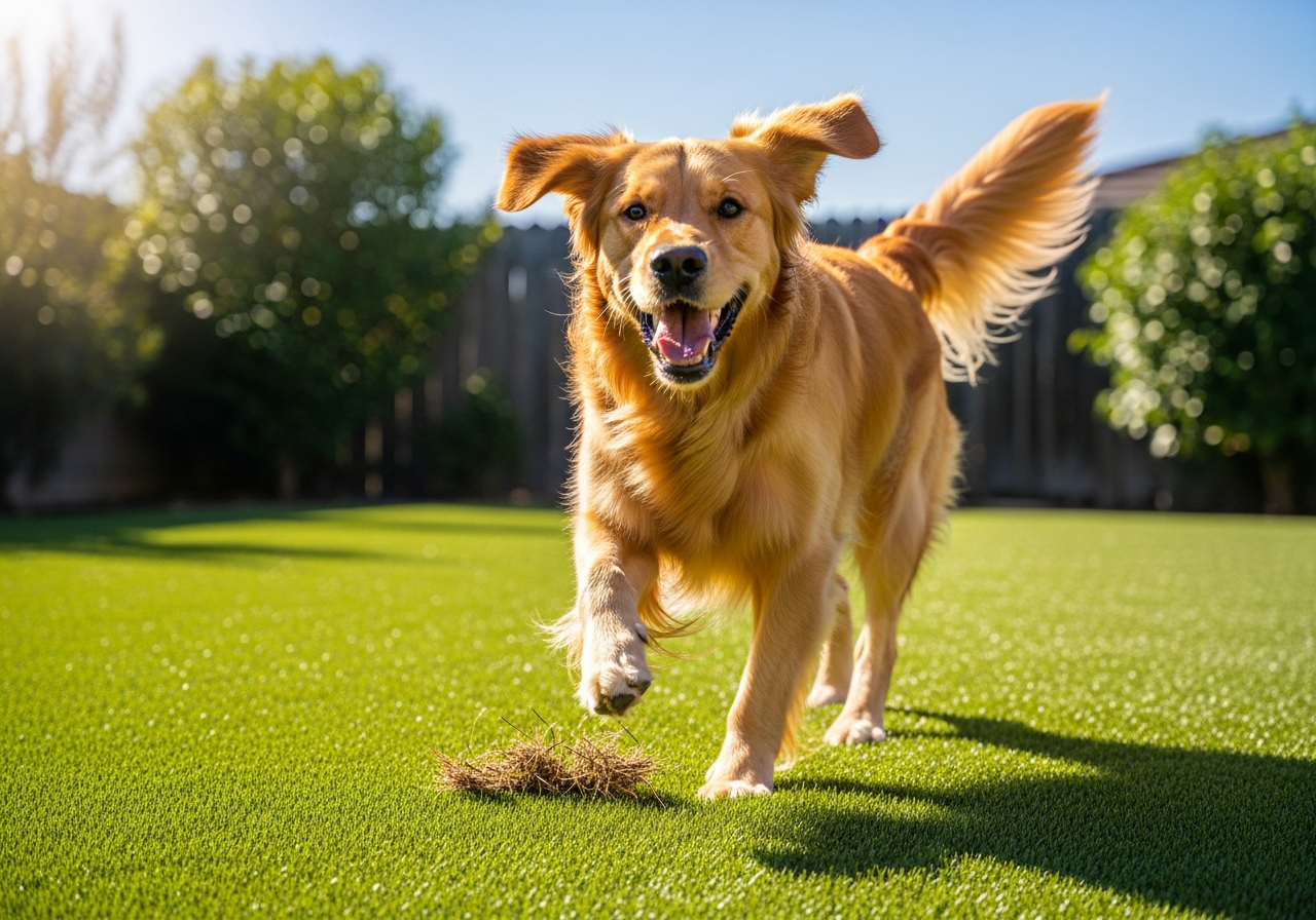 Happy dog playing on artificial turf